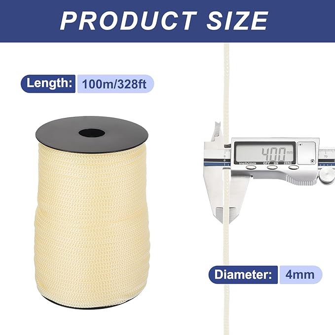 MECCANIXITY 5/32 Inch Polypropylene Rope Braided Ropes, 328ft Camping Rope Hollow Utility Cord for Clothesline, Hiking, Outdoor, Creamy White