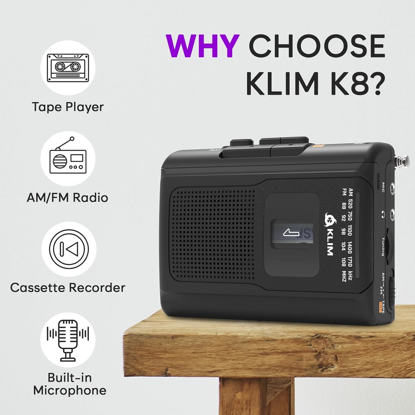 KLIM K8 Cassette F1 Cassette Tape Player Portable with Headphones - Recorder - New Version - AM/FM Walkman - Built