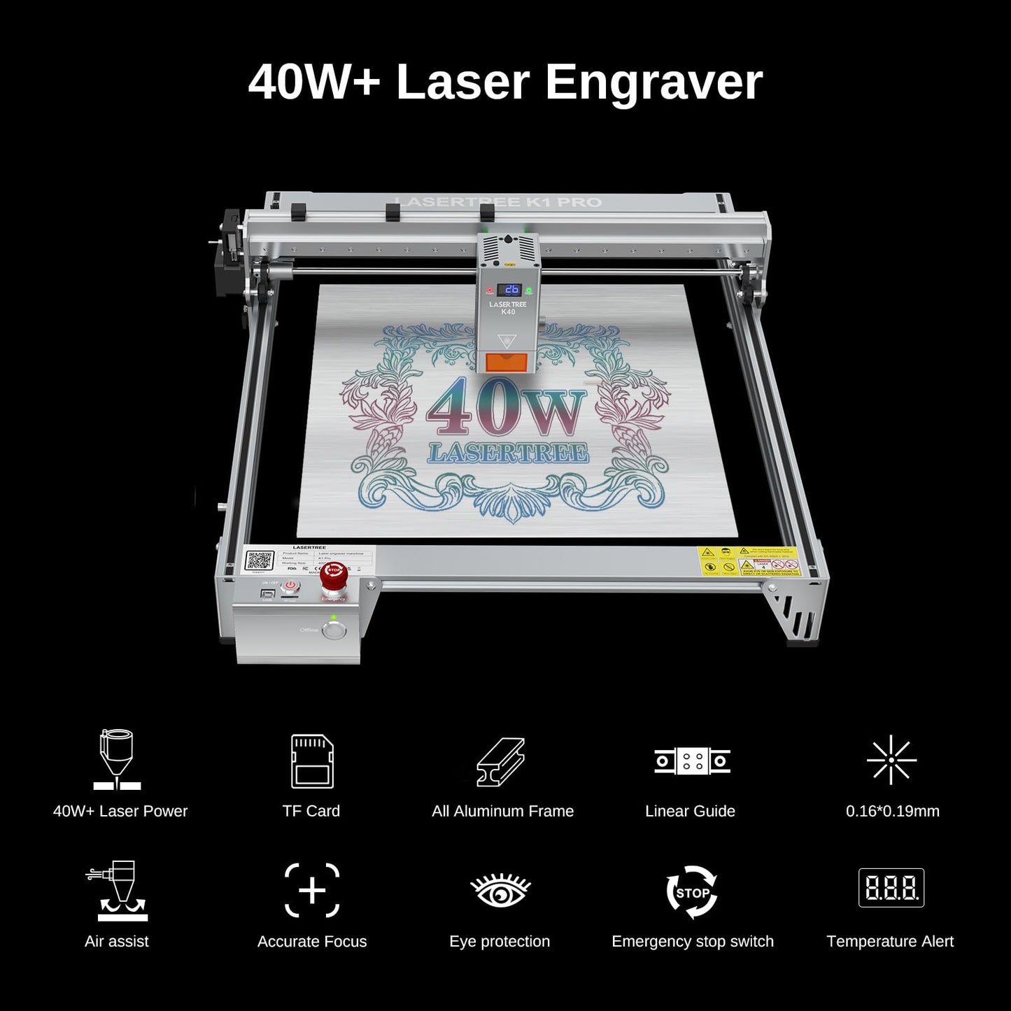 LASER TREE Laser Engraver, 40000mW（40W）Output Power Laser Engraver Machine, High Precision Laser Cutter and Engraver for Wood & Metal Paper Acrylic Glass Leather etc, Class 4 (Basic)