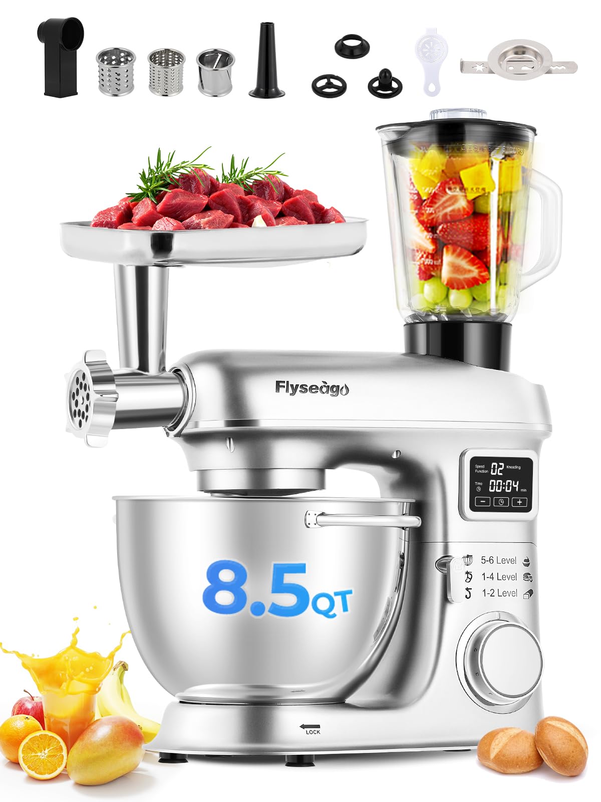Flyseago Stand Mixer 8-IN-1 8.5 Qt 2000W Multifunctional Fermentation Electric Kitchen Mixer 6 Speed Tilt-Head with Stainless Steel Bowl, 1.5L Glass Jar Meat Grinder Dough Hook Whisk Pasta Attachment