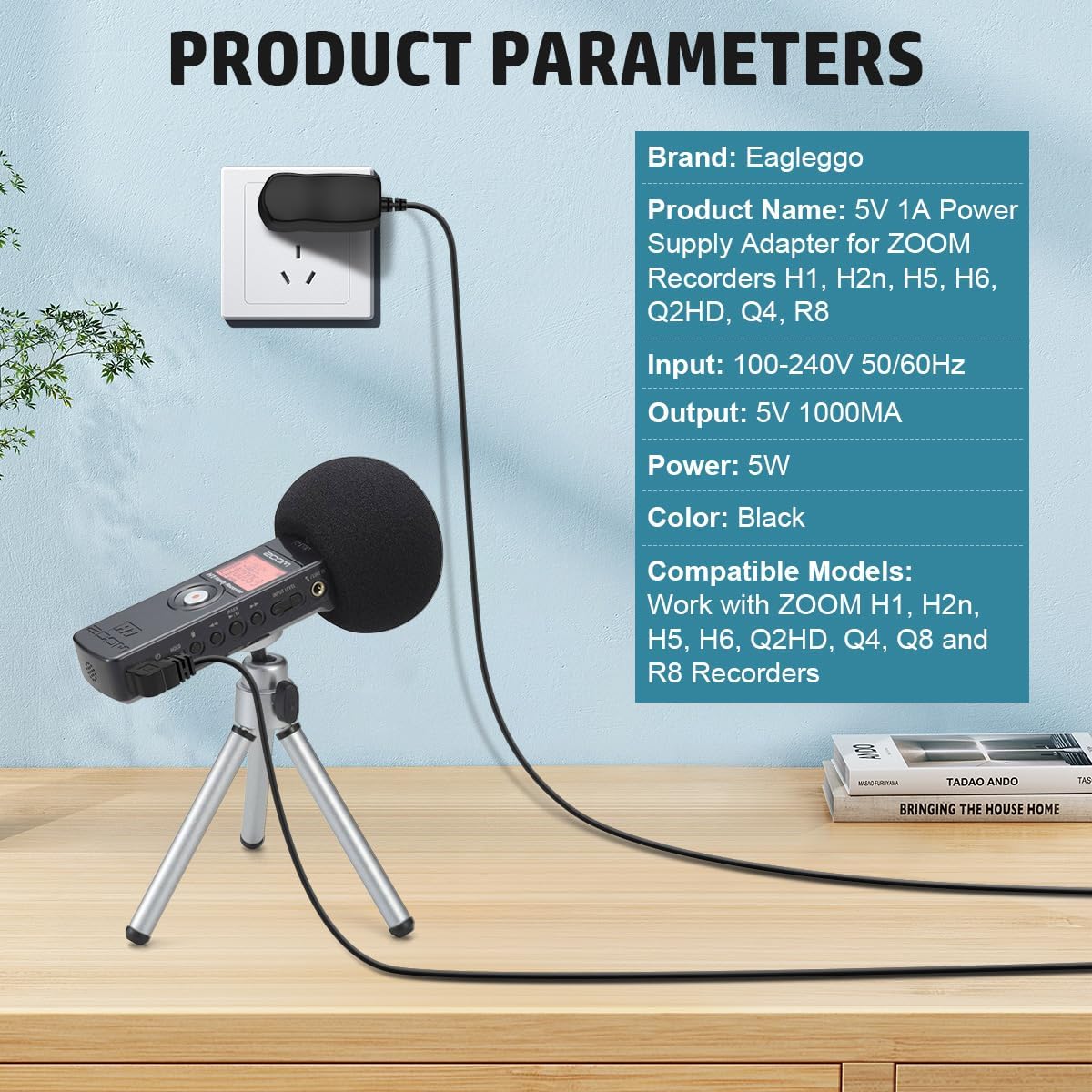 EAGLEGGO H1, H2n, H5, H6, Q2HD, Q4, R8 Power Supply Adapter for Zoom Recorders AC Adapter Wall Charger