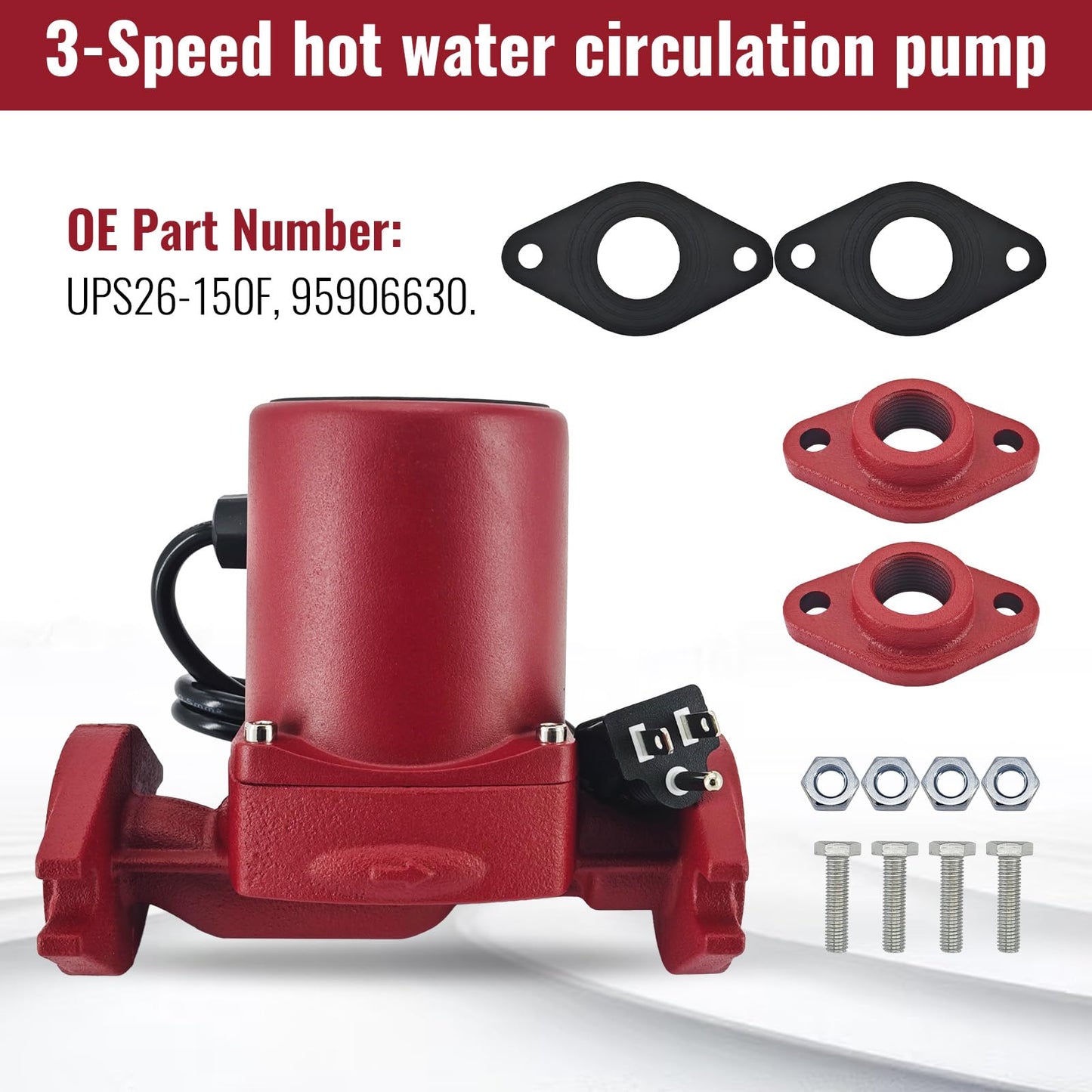 Hot Water Circulator Pump 115V 3-Speed Circulation Pump Cast Iron Recirculating Pump 1/3 HP Compatible with Grundfos UPS26-150F 95906630 for Various Closed-loop Systems