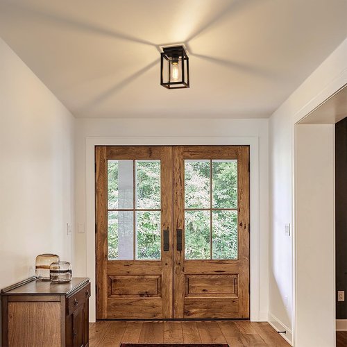 Baocuz Semi Flush Mount Ceiling Light Fixture, Black Metal Frame Porch Ceiling Light Fixture with Clear Glass Shade and E26 Ceramic Base, Farmhouse Light Fixtures for Kitchen Entryway Foyer