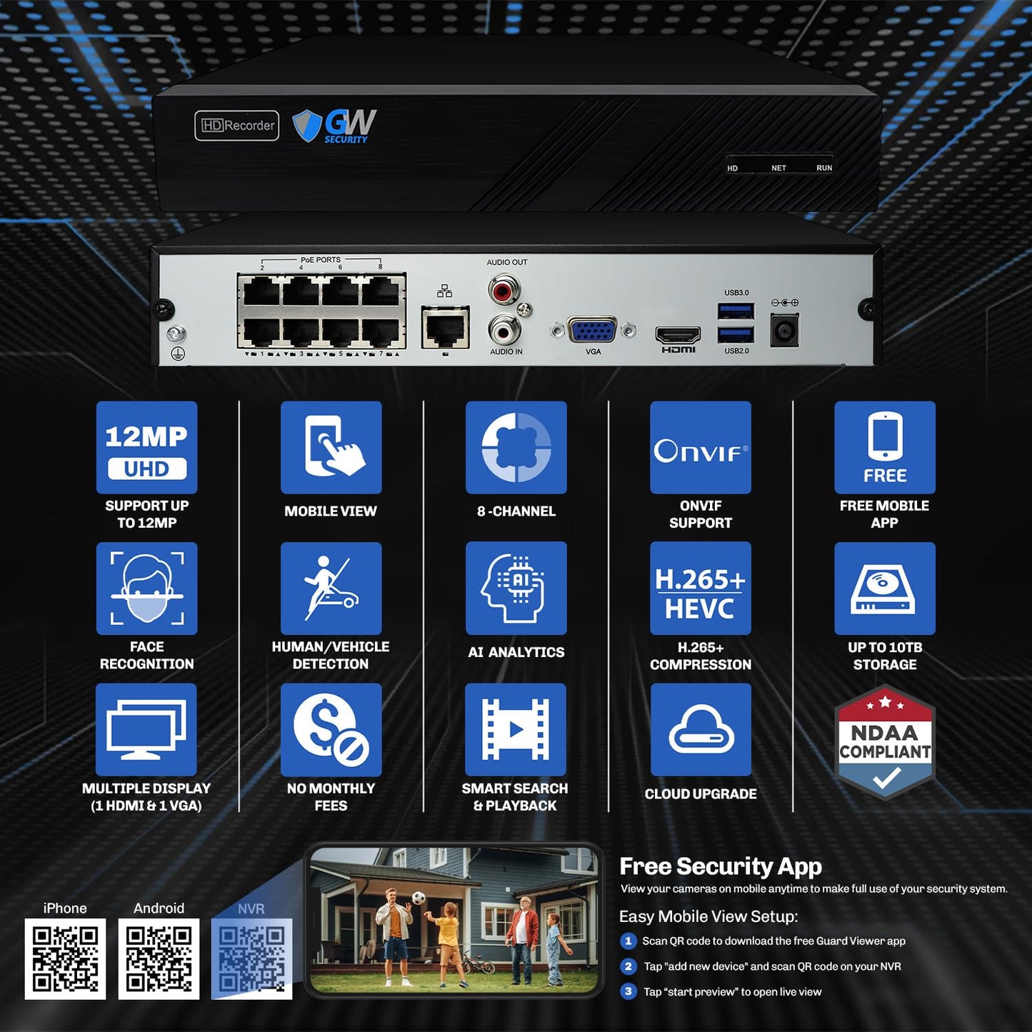 GW Security 8 Channel 12MP NVR UltraHD 4K (3840x2160) NDAA Security Camera System with 4 Bullet and 4 Dome 4K (8MP) IP Microphone Outdoor/Indoor Face Recognition PoE AI Camera, 100ft Night Vision