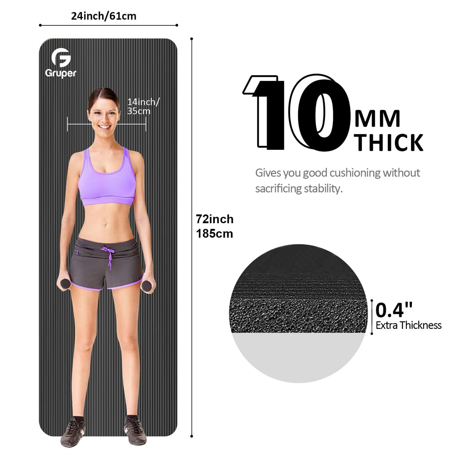 Gruper Thick Yoga Mat Non Slip, Large Size 72" L x 32" W x 0.6" TH, Premium Exercise & Fitness Mat with Carrying Strap and Bag, Workout Mats for Home (Black, 72 * 24 * 0.4 Inches)