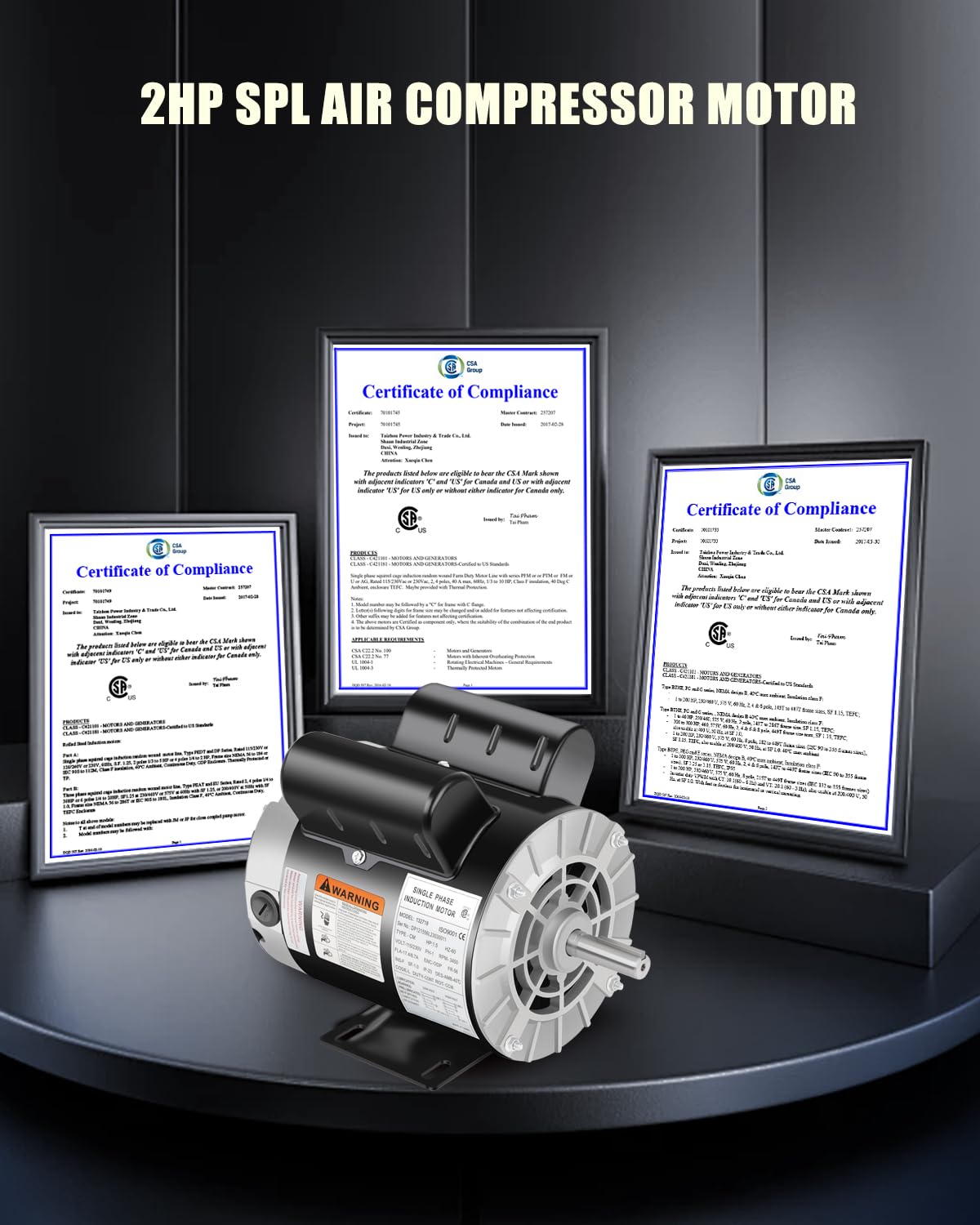 2 HP SPL Air Compressor Motor, Single Phase 3450 RPM Electric Motor, AC 115/230V 15/7.5A, 56 Frame 5/8" Shaft Diameter, Commercial-Duty CCW Rotation, 1.88" Shaft Length for Air Compressors