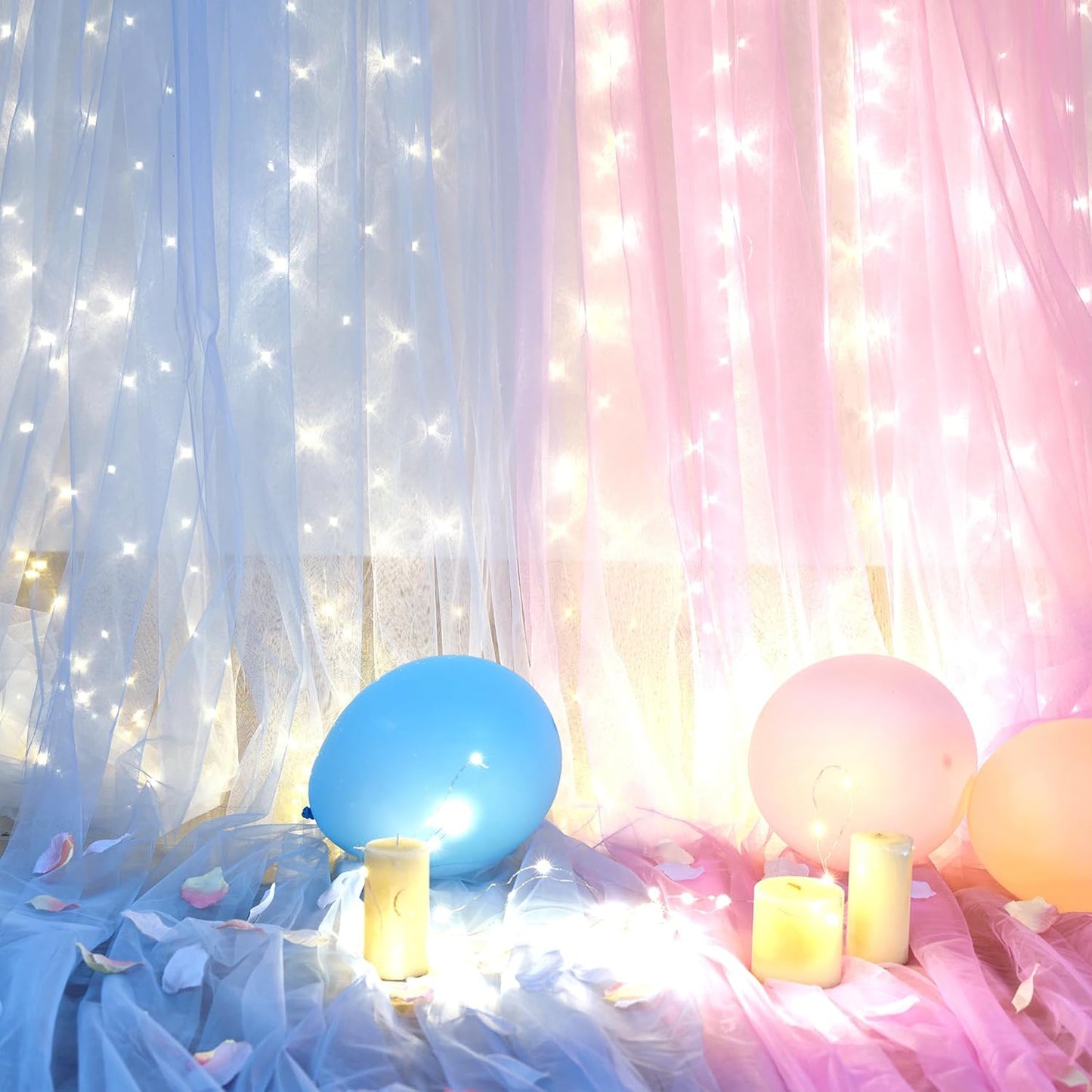 Suppromo 2 58ft Pink Blue Sheer Tulle Backdrop Curtains with Lights String for Gender Reveal Baby Shower Decorations