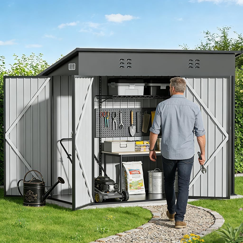 COMHOMA Shed Storage Outdoor Metal Windowed Lockable Weatherproof Ventilated Backyard Garden Utility Workshop(Grey,8'*4')