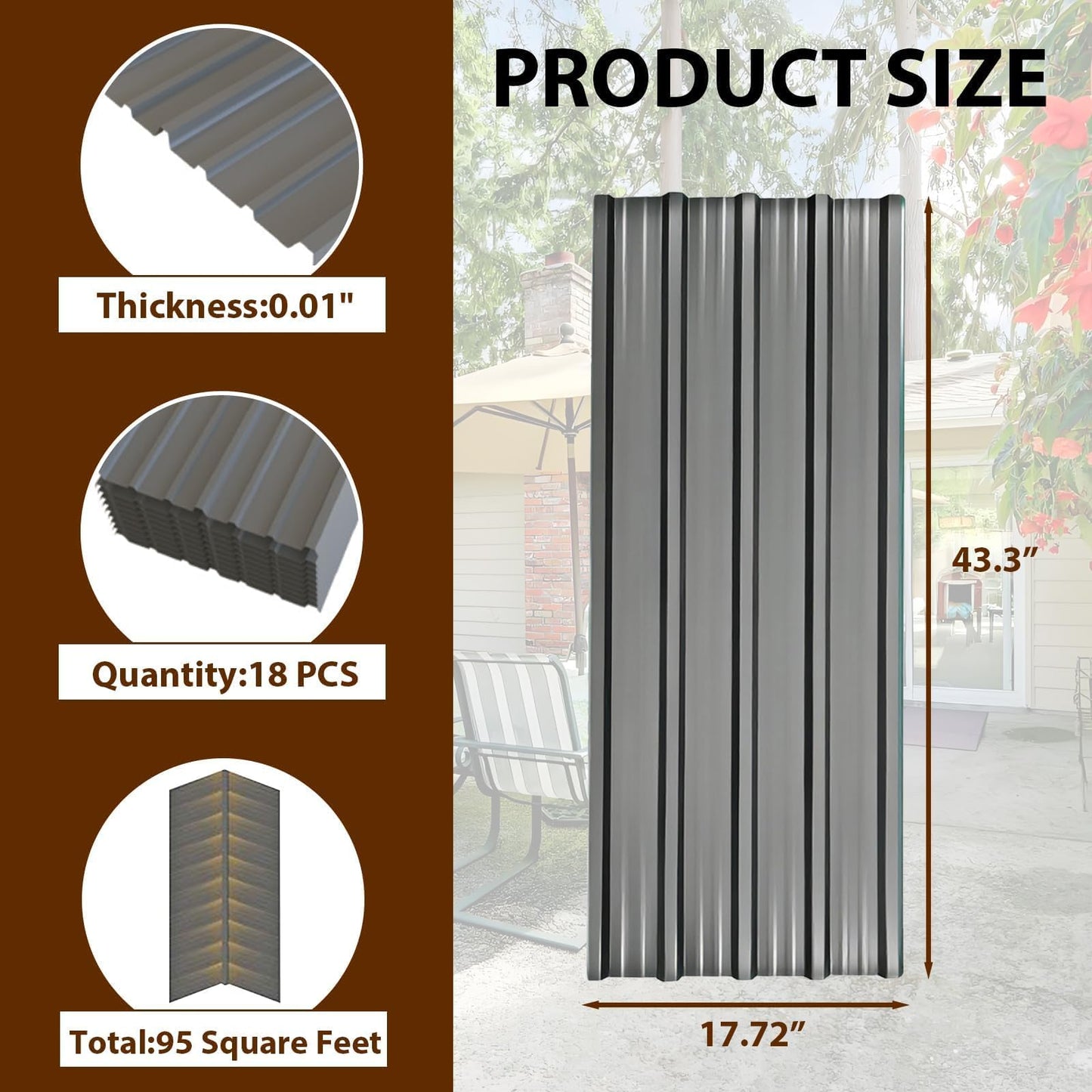 18 Pcs Metal Roofing Panels, L43.3×W17.72 Inch Corrugated Galvanized Roofing Panels Metal Siding Panels with Steel Screws for Pergola, Gazebo, Shed, Outdoor Storage, Chicken Coop, Patio,Garages (Grey)