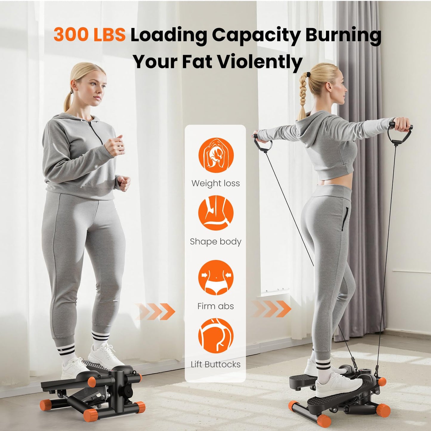 Sweetcrispy Mini Stair Stepper with Resistance Bands, Hydraulic Home Stepper Machine, 300 LBS Weight Capacity, Compact Cardio Equipment with LCD Monitor, No Assembly Required, Black&Orange