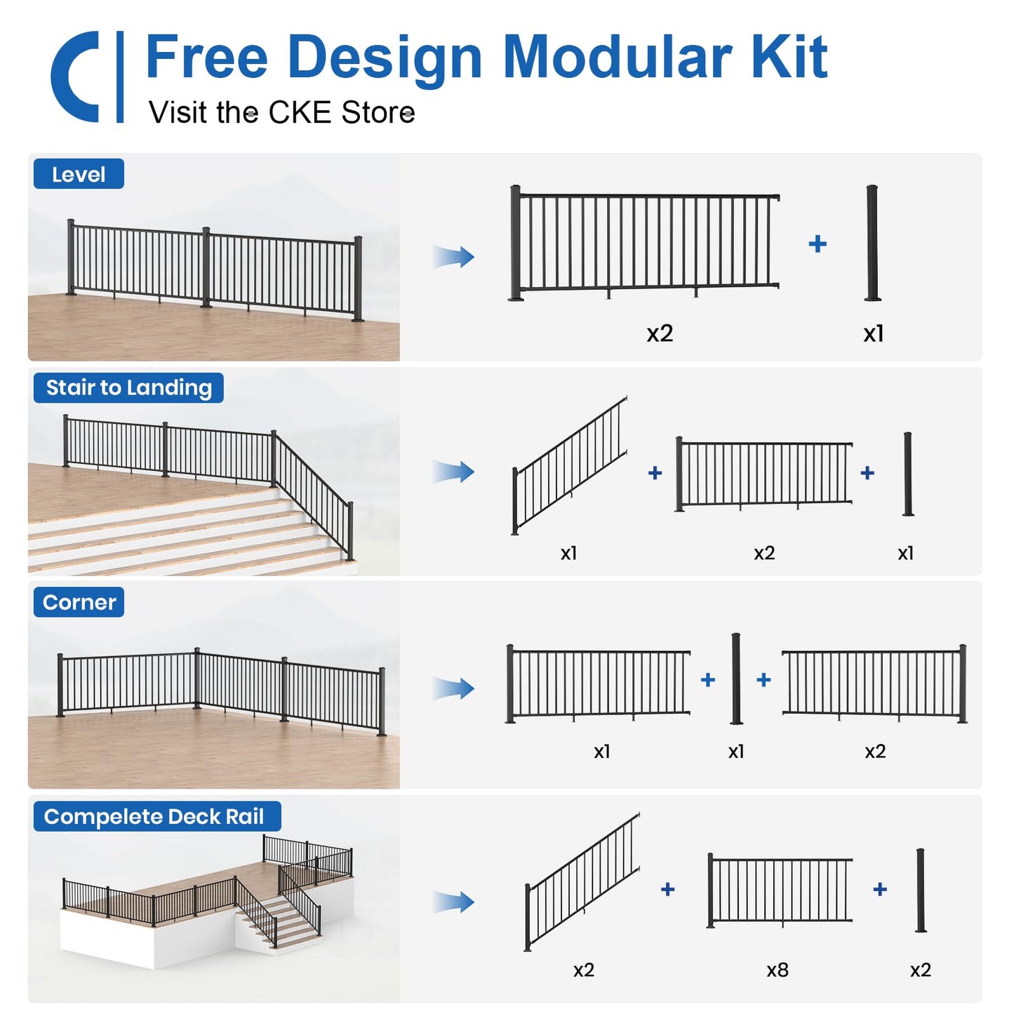 CKE 36 in. H x 6 ft. W Porch and Deck Railing Kit with Post, Aluminum Railing Kit, AAMA 2604 Black Textured Powder-Coat Finish Railing System for Outdoor Decks, Porches & Balconies(1 Post, 1 Panel)