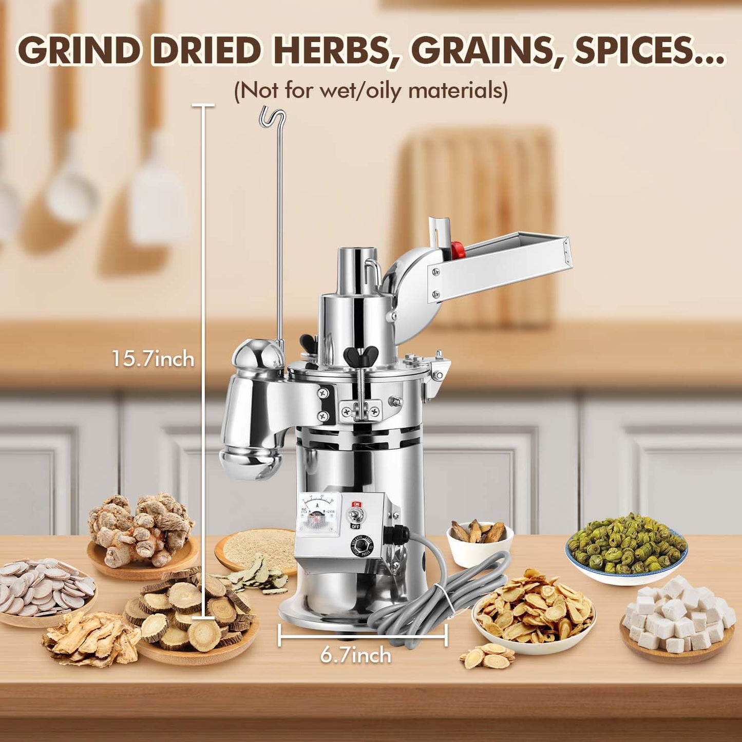 Moongiantgo Hammer Mill Grinder Electric 1200W Continuous Herb Grinder, Capacity 6.6-33 Lbs/H, with 6 Sieve Meshes, Commercial Grinding Machine for Dry Herb Grain Spice Corn Nutmeg, 110V