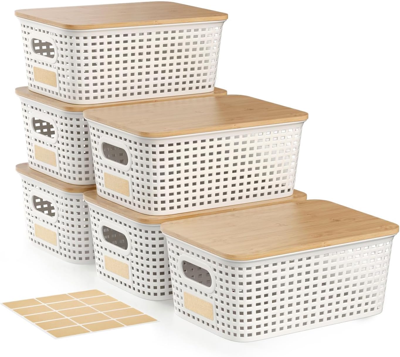 Skiennix Storage Bins - Stackable Plastic Baskets with Bamboo Lids | 6 Pcs Pantry Organizer Set (10"x7.1"x4.1")