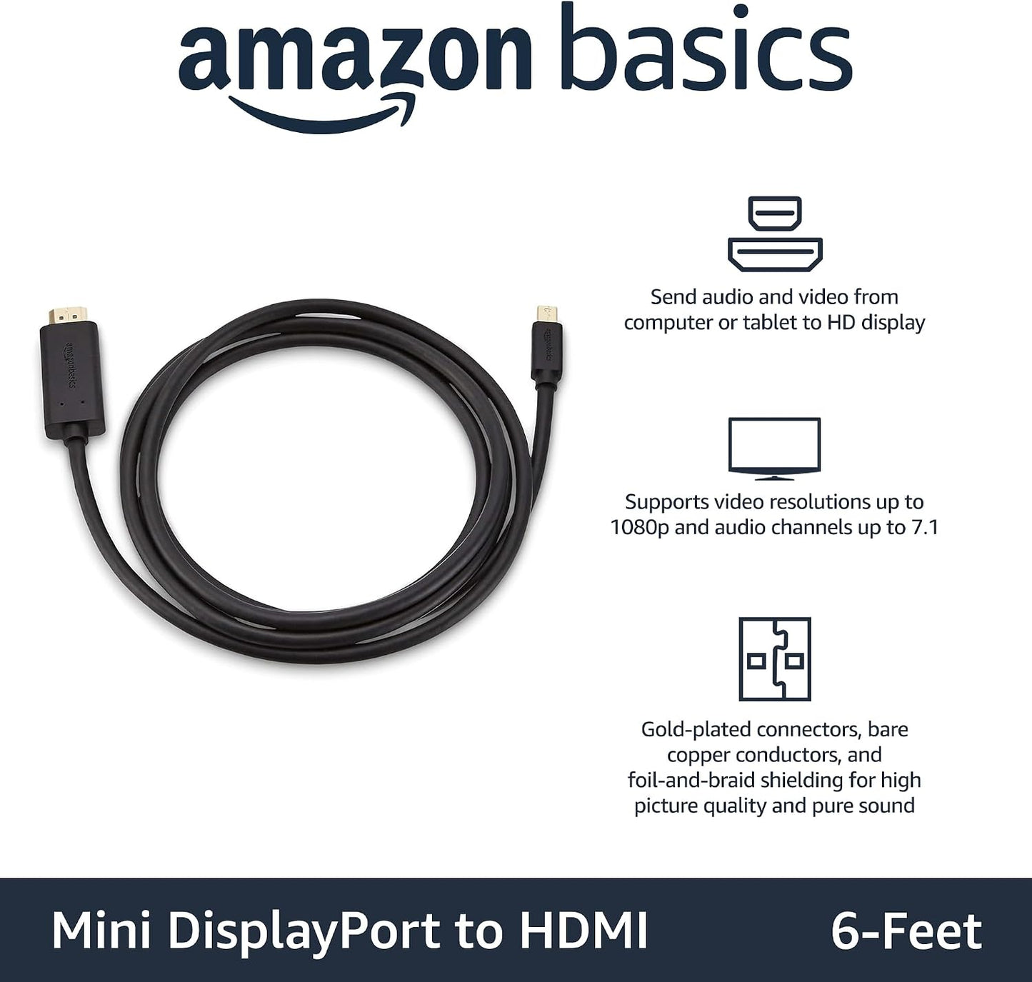 1080p, 6 Amazon Basics Mini DisplayPort to HDMI Cable for MacBook Air/Pro, Gold-Plated Plugs, Foot, Black