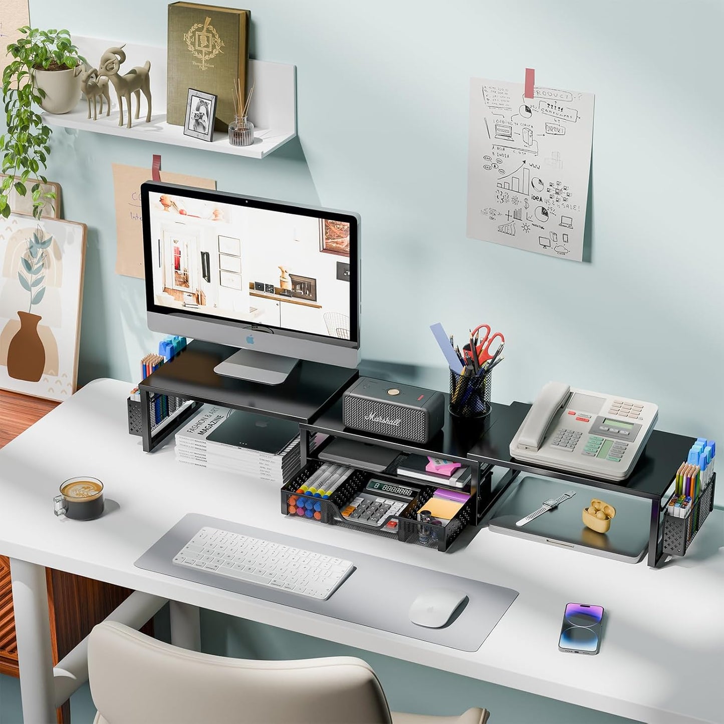 2 Simple Trending Desk Organizers and Accessories, Dual Monitor Stand Riser with Drawer and Pen Holder, Shelf for Top