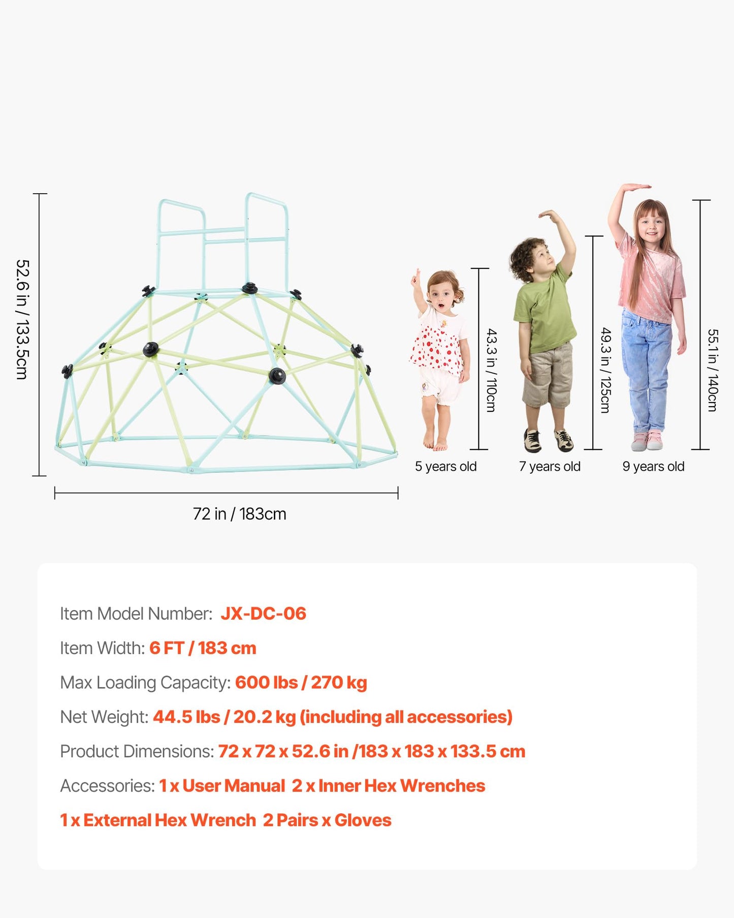 VEVOR Climbing Dome, 6FT Geometric Dome Climber for Kids, 600LBS Loading Indoor/Outdoor Jungle Gym Playground, Easy-Assembly Backyard Climbing Play Equipment for Boys Girls 3 to 10 Years Old