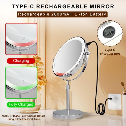 JANEEVA 10X Lighted Makeup Mirror with 3 Lighting Modes, 8" Dimmable Lights Height Adjustable Vanity Mirror with Lights, Rechargeable Double Sided 1X 10X Magnifying Mirror, 360°Rotation,Chrome