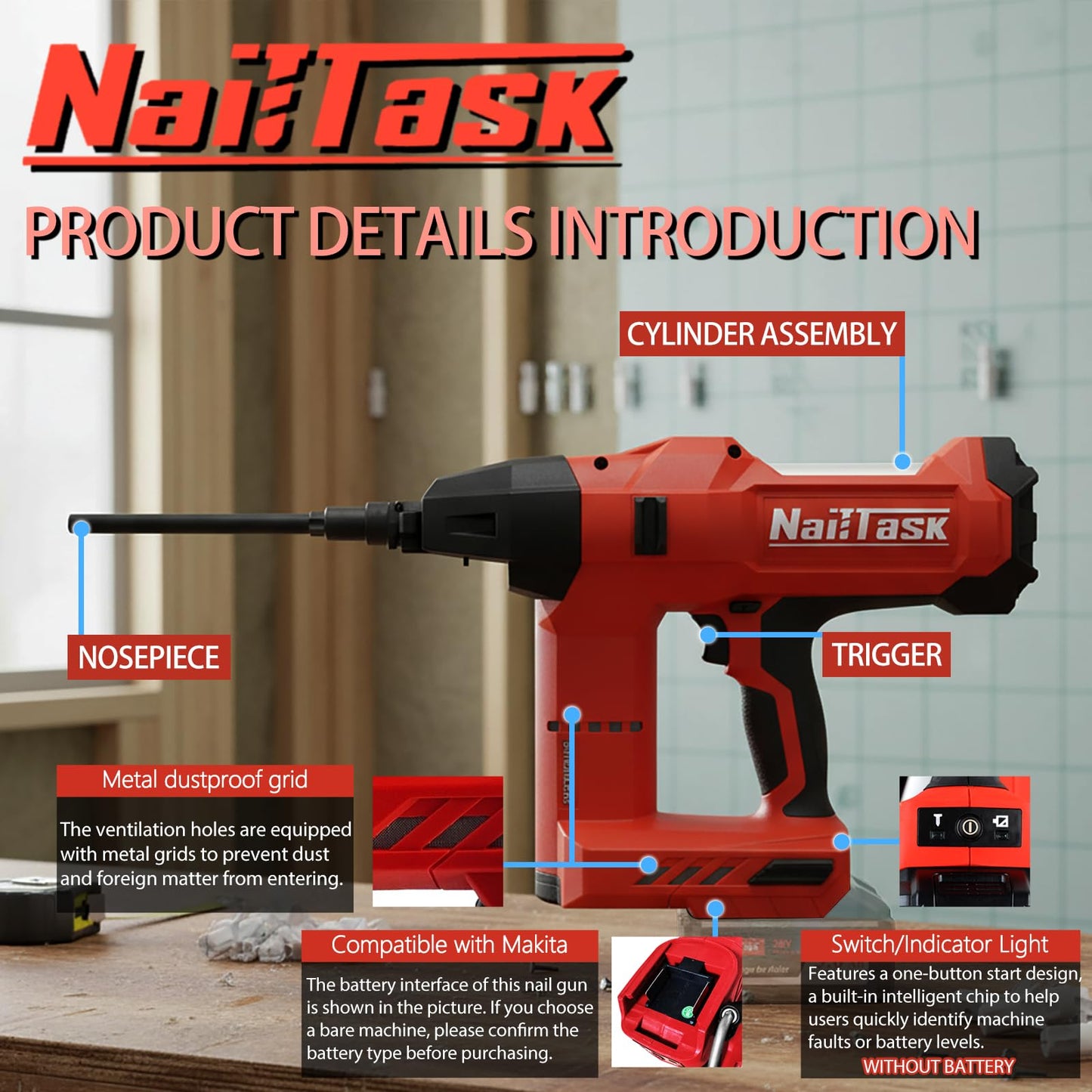 NailTask 20V Insulation Fastening Nailer Cordless Electric Nail Gun Brushless Motor Nailer Tool (Without Battery) for Rock Wool Insulation Materials with Protective Goggless