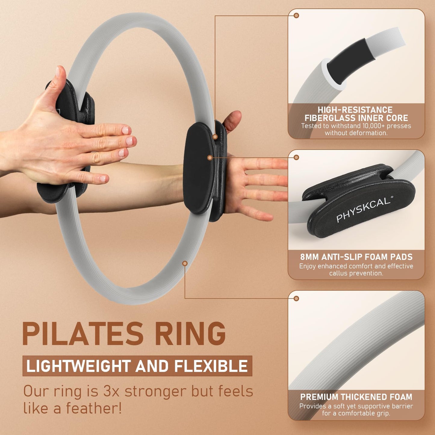 PhysKcal Pilates Ring, 15-Inch Magic Circle with Extra Thick Padded Handles, Pilates Equipment for Toning Inner Thighs, Arms and Strengthening Cores- Workout Guide Included (Mist)