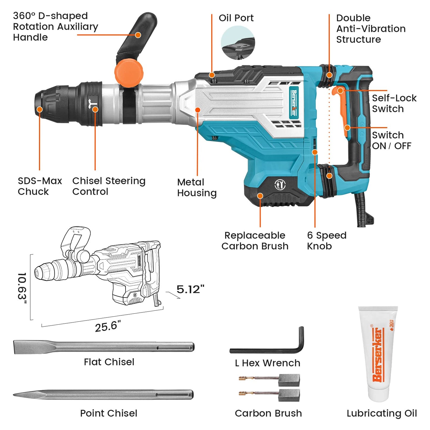 Berserker 25-Pound SDS-Max Demolition Jack Hammer with SDS Max Ground Rod Driver for 5/8 Inch & 3/4 Inch Ground Rods