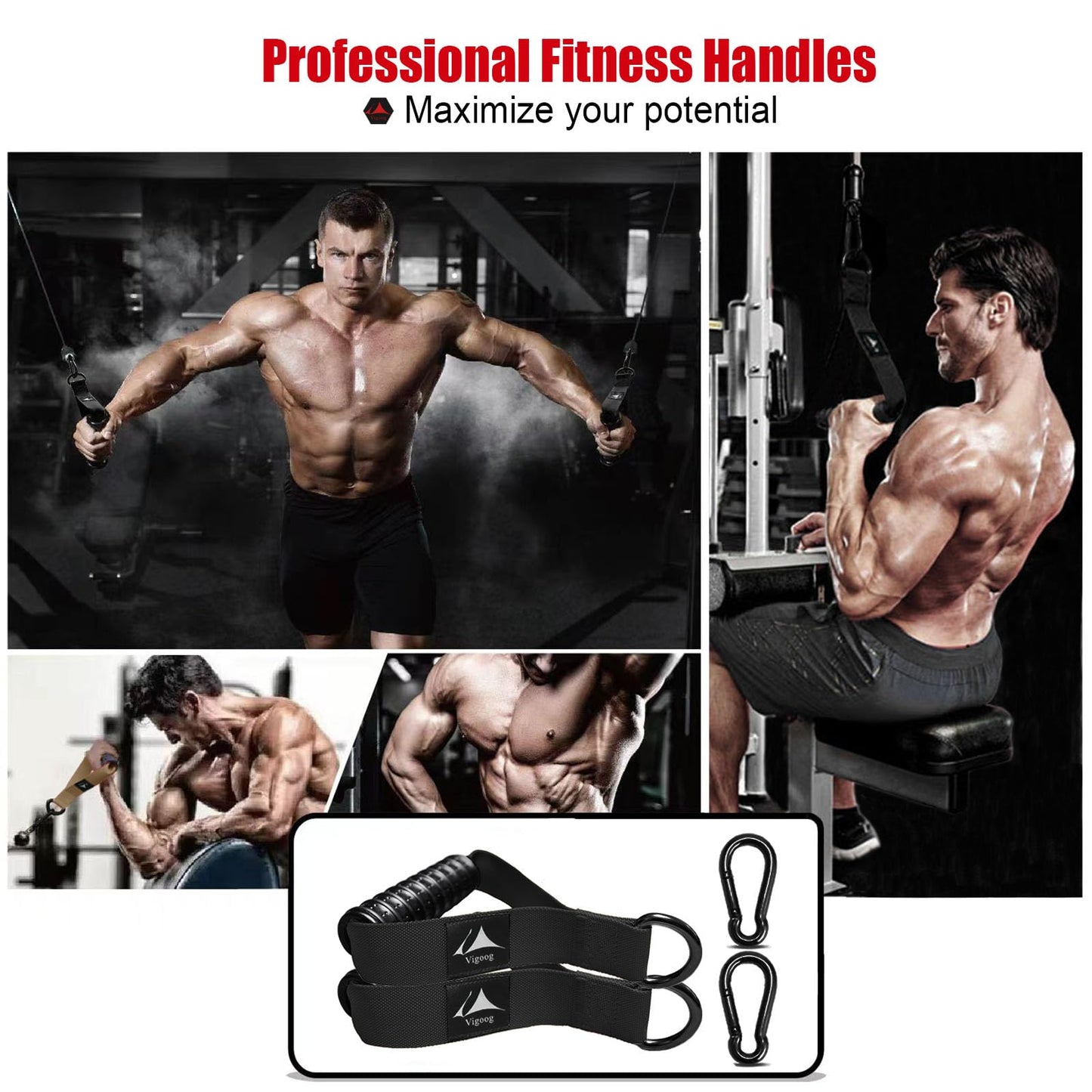 Vigoog Heavy Duty Gym Workout Handle Attachments - Powerful, Comfortable & Anti-Slip Rubber Exercise Grips for Cable Machines, Pulley Systems and Other Fitness Equipments (Carbon Black W)