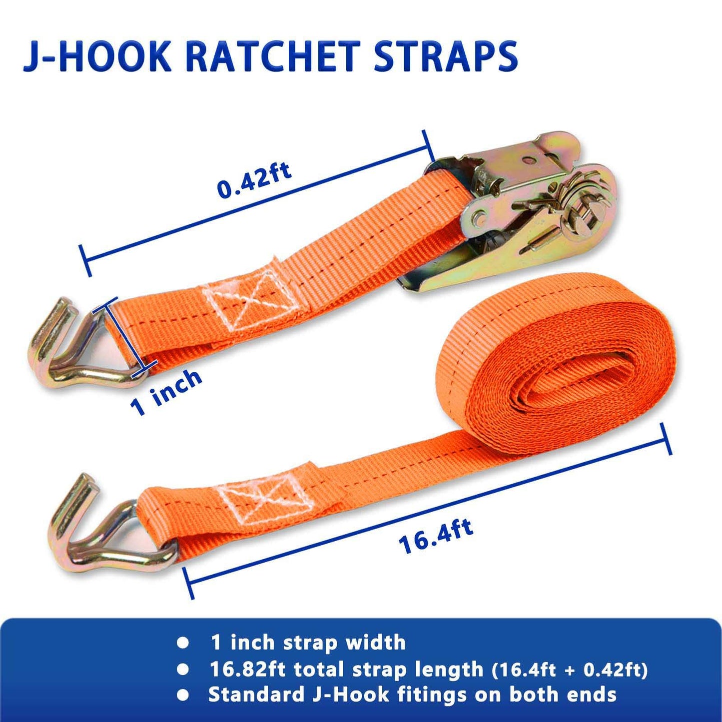 Ratchet Straps (4-Pack), 1 Inch x 16.4 Feet (2200lb Break Strength) with Sturdy Metal Hooks, 1x Work Gloves, Heavy Duty Tie Down Straps for Truck, Cargo Trailer, Motorcycle, Luggage, Moving (Orange)