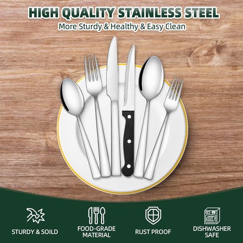 CEKEE Stainless Steel Silverware Set - 48-Piece Flatware for 8 with Steak Knives | Mirror Polished & Dishwasher Safe