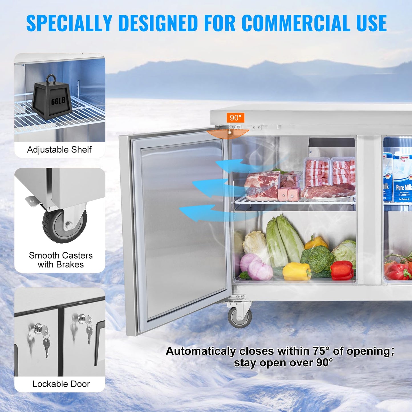 VEVOR 72" Commercial Refrigerator Sandwich & Salad Prep Table, 20 Cu. Ft Stainless Steel Refrigerated Food Prep Station with 3 Doors, Frost Free Refrigerator with Lock for Restaurant, Bar, Store
