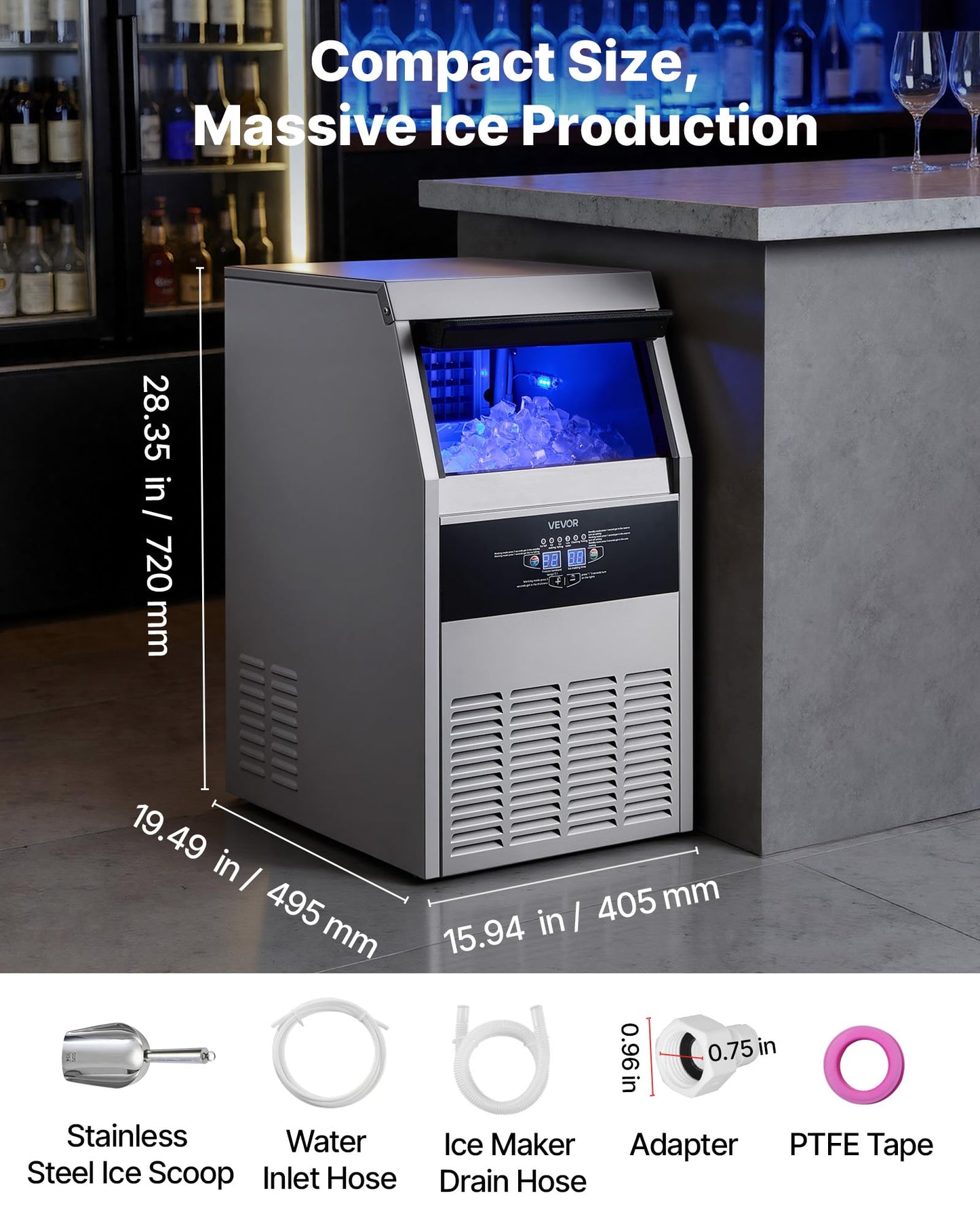 VEVOR Commercial Ice Maker Machine, 130 lbs/24h with 30 lbs Storage Capacity, Built-in/Freestanding/Under Counter, Stainless Steel Ice Maker with LED Display & Self-Cleaning, for Home Bar Restaurant