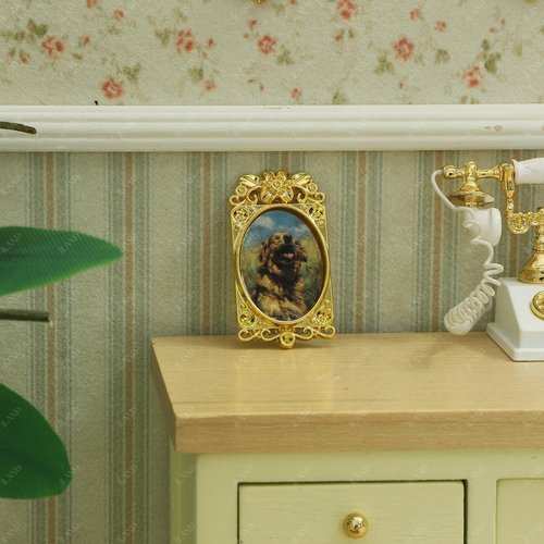 iLAND 1/12 Scale Dollhouse Accessories - 7 Miniature Frames with 14 Pictures Set | Classic Golden Decor