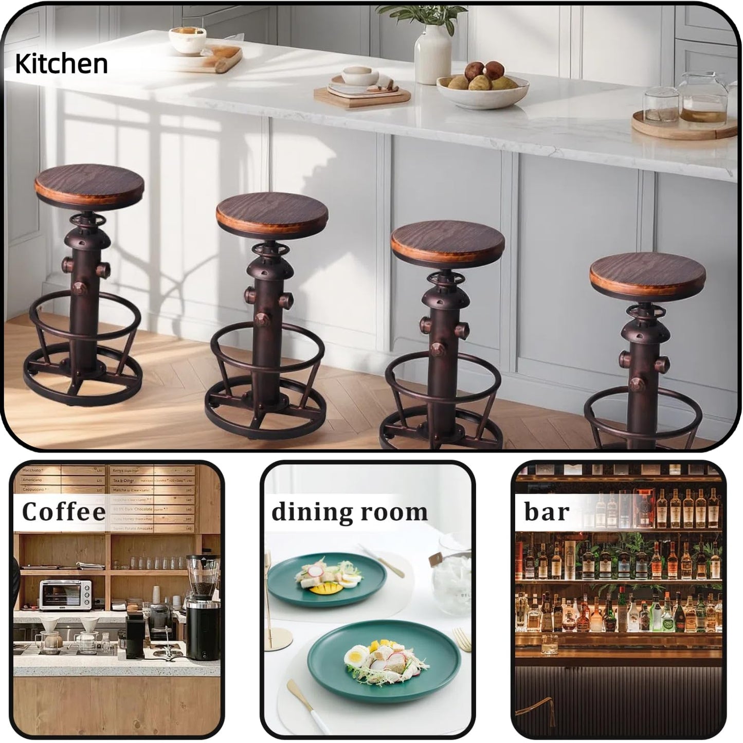 BOKKOLIK Vintage Swivel Bar Stool Industrial Coffee Kitchen Dining Chair Fire Hydrant Design Height Adjustable 24.8-30.7inch Solid Wooden Seat