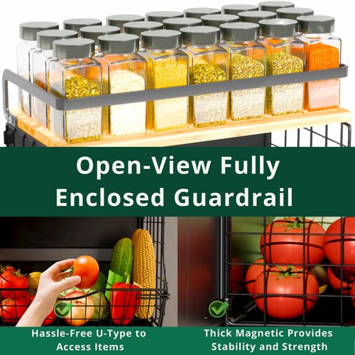 3-Tier Magnetic Shelf for Fridge with Divider & Bamboo Top, Fruit Basket Potato and Onion Storage Bins, Kitchen Large Container Magnetic Spice Rack for Refrigerator, Kitchen Counter, Fridge Organizer