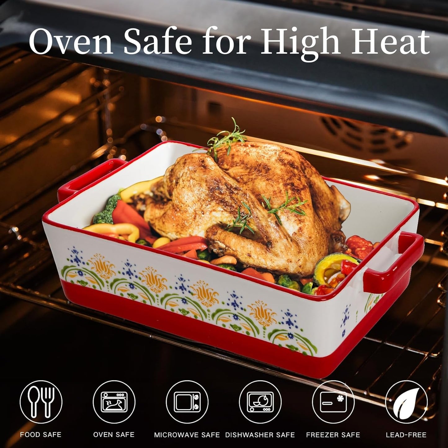WRINGKIT Ceramic Baking Dishes Set - Rectangular Casserole Dish with Handles | 3 Sizes (12''/10.7''/7.7'') in Red