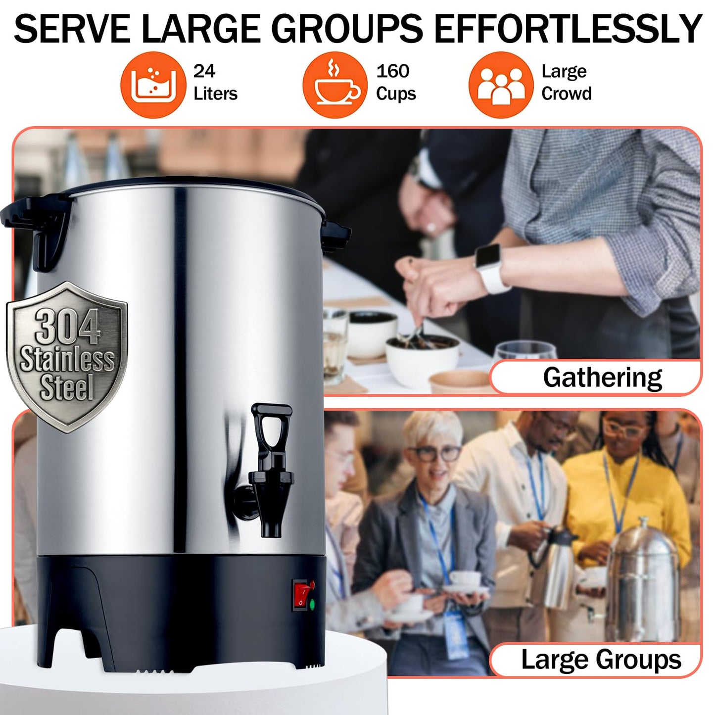 Large Commercial Coffee Urn 160 Cup Percolate Coffee Maker Stainless Steel Hot Beverage Dispenser with Cool-Touch Handles, Quick Brewing for Catering, Business, Church, Restaurant, Wedding, Gathering