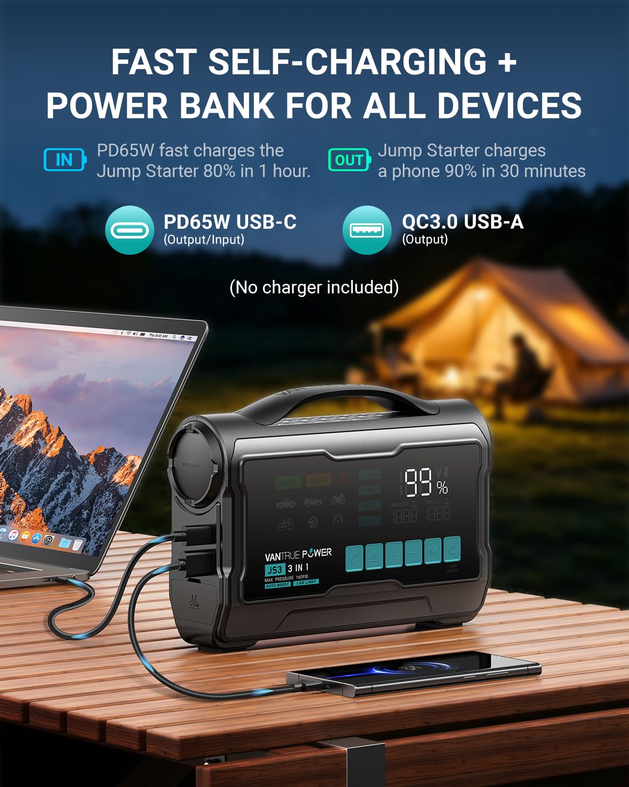 VANTRUE POWER JS3 Real 3250A Jump Starter with Air Compressor 160PSI, 12V Car Battery Booster with Display, Jump Box with Light, Support 65W Fast Charging Power Bank, 8.0L Gas/3.8L Diesel Engines