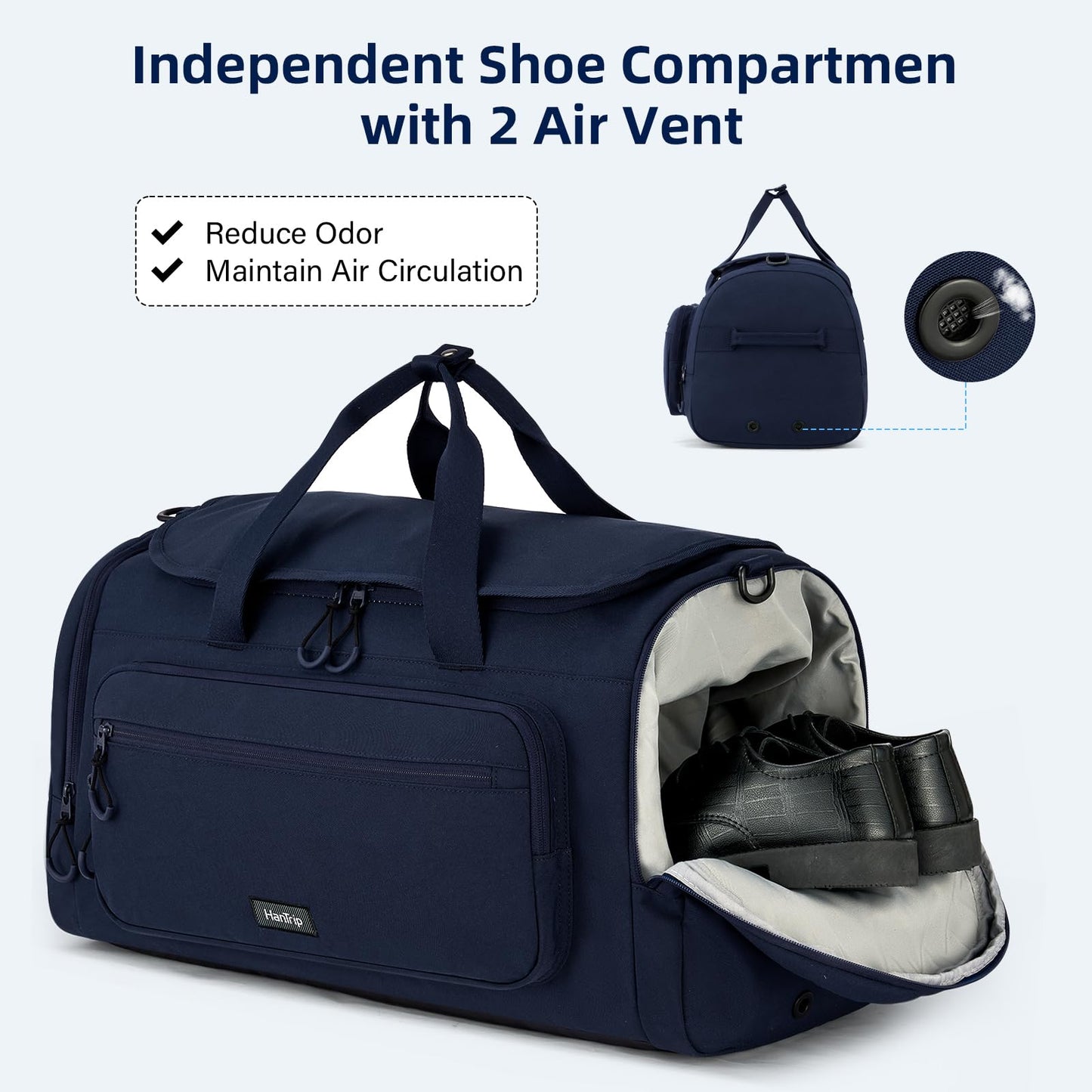 HanTrip Large Travel Duffle Gym Bag with Shoe Compartment, Underseat Carry On Luggage Overnight Weekender Personal Item Workout Bags for Women Men (Navy Blue)