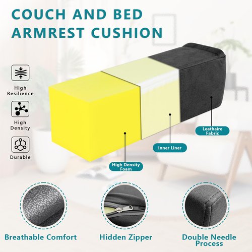 M Mute Touch 2 Pack Couch Arm Rest Pillow, 6''x6''x20'' Faux Leather Waterproof Cover, High Density Foam Armrest Cushion, Removable & Washable Elbow Support for Sofa, Bed, and Armchair (Black)