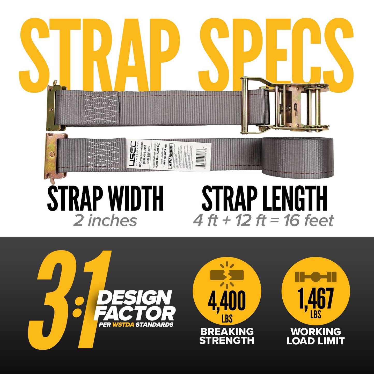 US Cargo Control E Track Straps 2" x 16' (10-Pack), 4,400 LBS Break Strength, Gray Heavy Duty E Track Ratchet Straps with 4' Fixed End and Spring E-Fittings, Logistic Tiedowns for Box Trucks, Vans