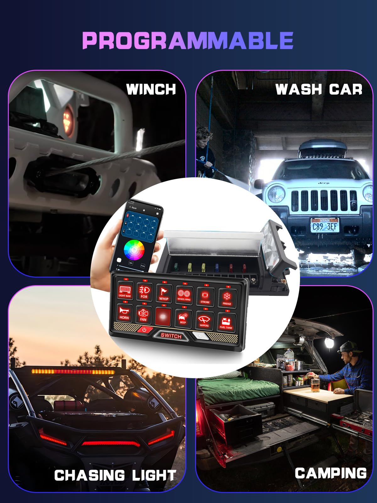 Chelhead Bluetooth Switch Panel P2 Remote Control Switch Transparent Control Box Multifunction Compatible with Trucks Jeep Boat Marine SUV Caravan UTV Pickup
