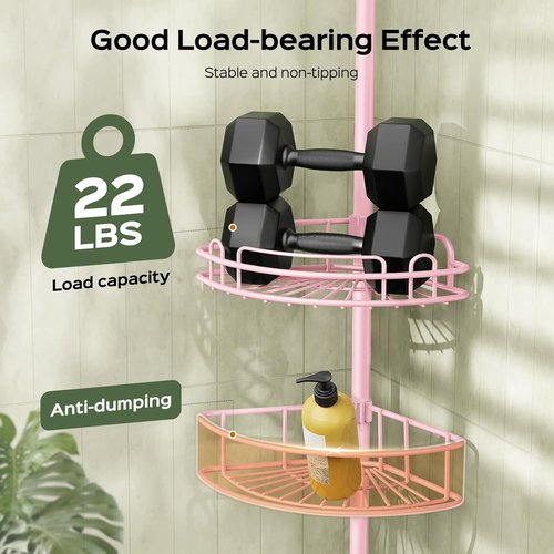 HAMITOR Corner Shower Caddy - 4-Tier Rust-Resistant Bathroom Organizer | Adjustable 47-121 Inch - Quick No-Drill Installation - Space-Saving Pink Shelves