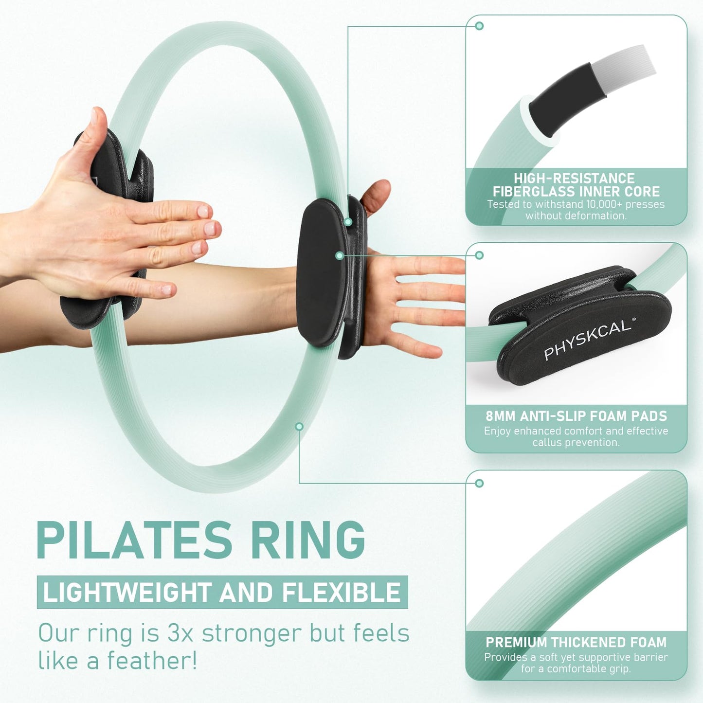 PhysKcal Pilates Ring Set, 15-Inch Magic Circle with 1x Core Ball, 3X Resistant Loop and 2X Flex Band, Mat Pilates at Home Essential Kit (Soft Mint)
