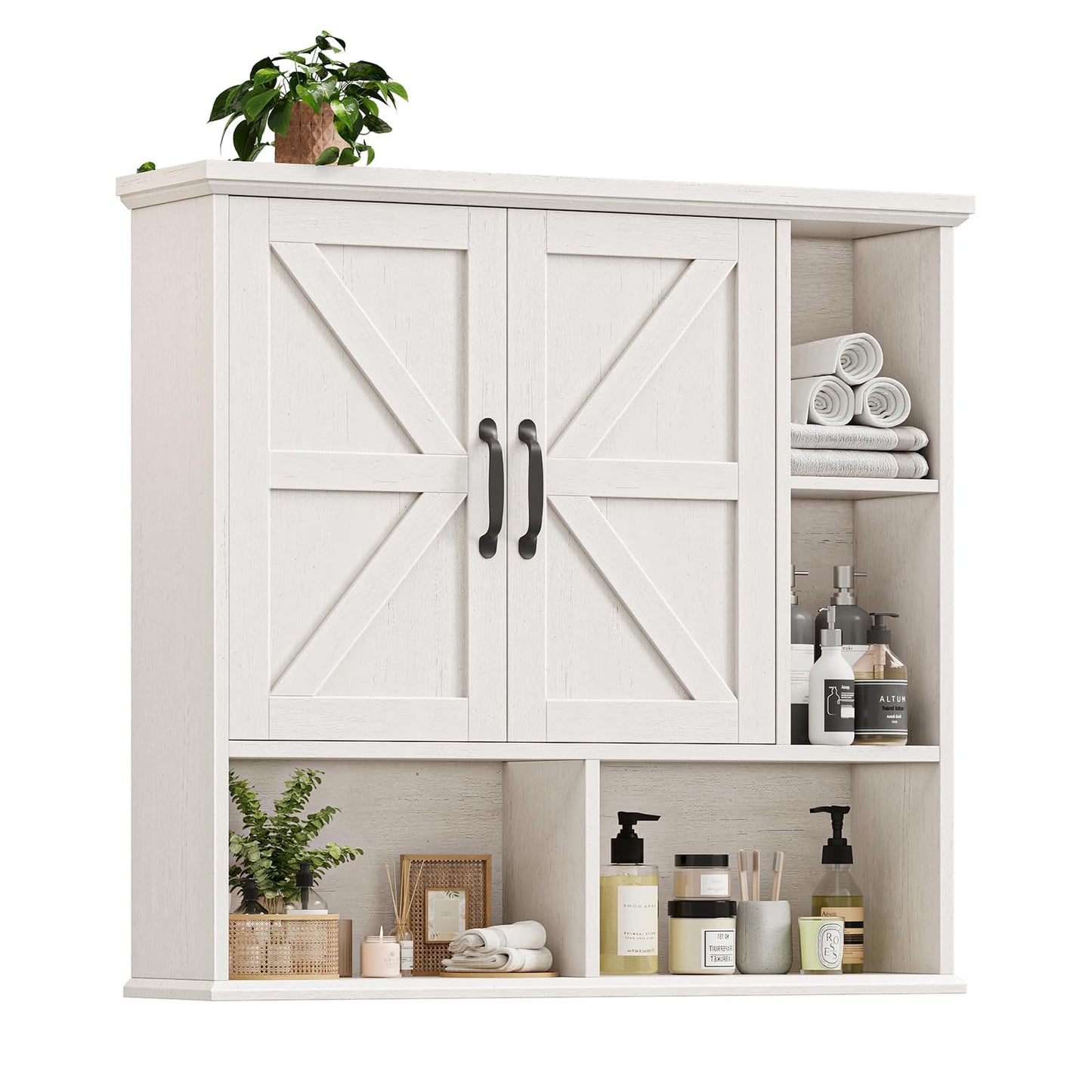 Vabches Bathroom Wall Cabinet, Farmhouse Medicine Cabinet with Double Barn Door and Adjustable Wood Shelf, Over The Toilet Storage Cabinet for Wall Mounted for Bathroom Laundry Room Kitchen (White)