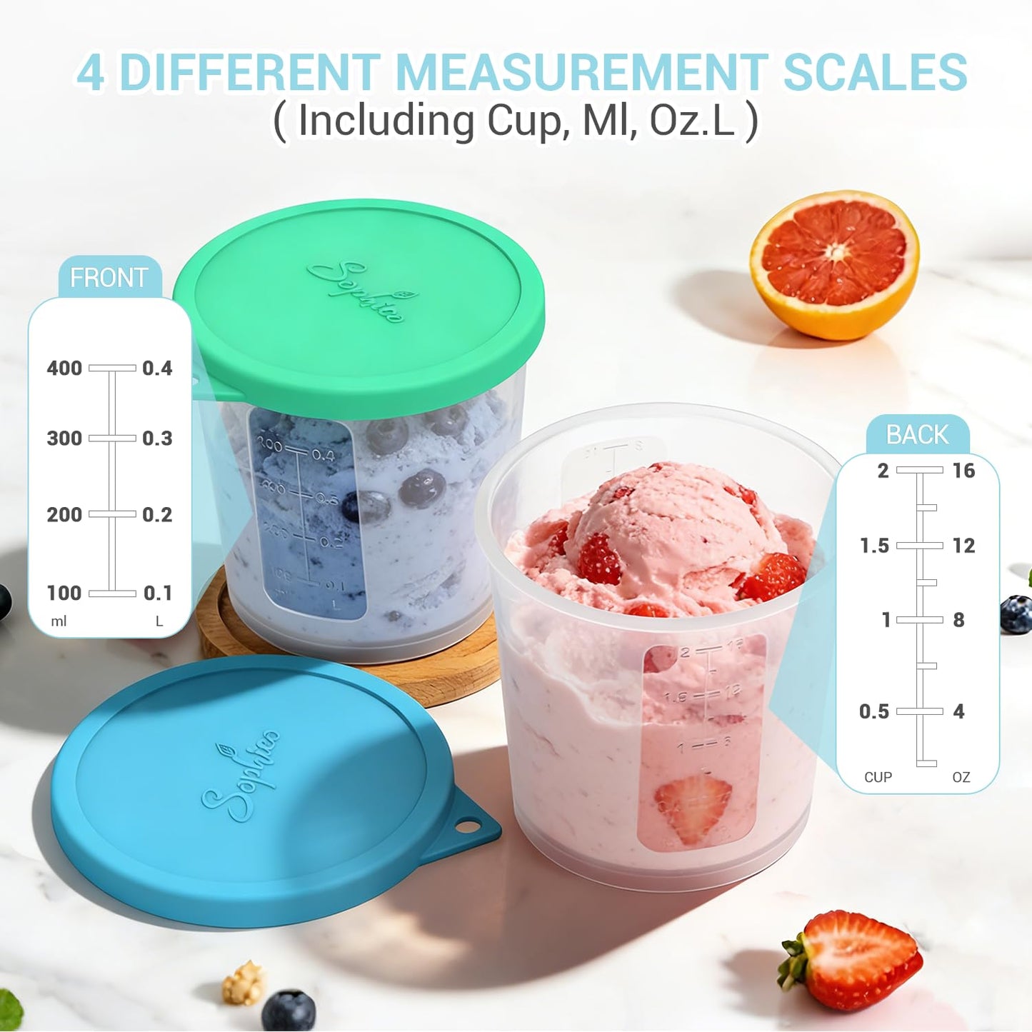 SOPHICO Ice Cream Pint Containers with Silicone Lids, Freezer Food Storage Tubs for Homemade IceCream, Meal Prep, Yogurt and Soup, Airtight & Dishwasher Safe (MEDIUM, 4 Pack)