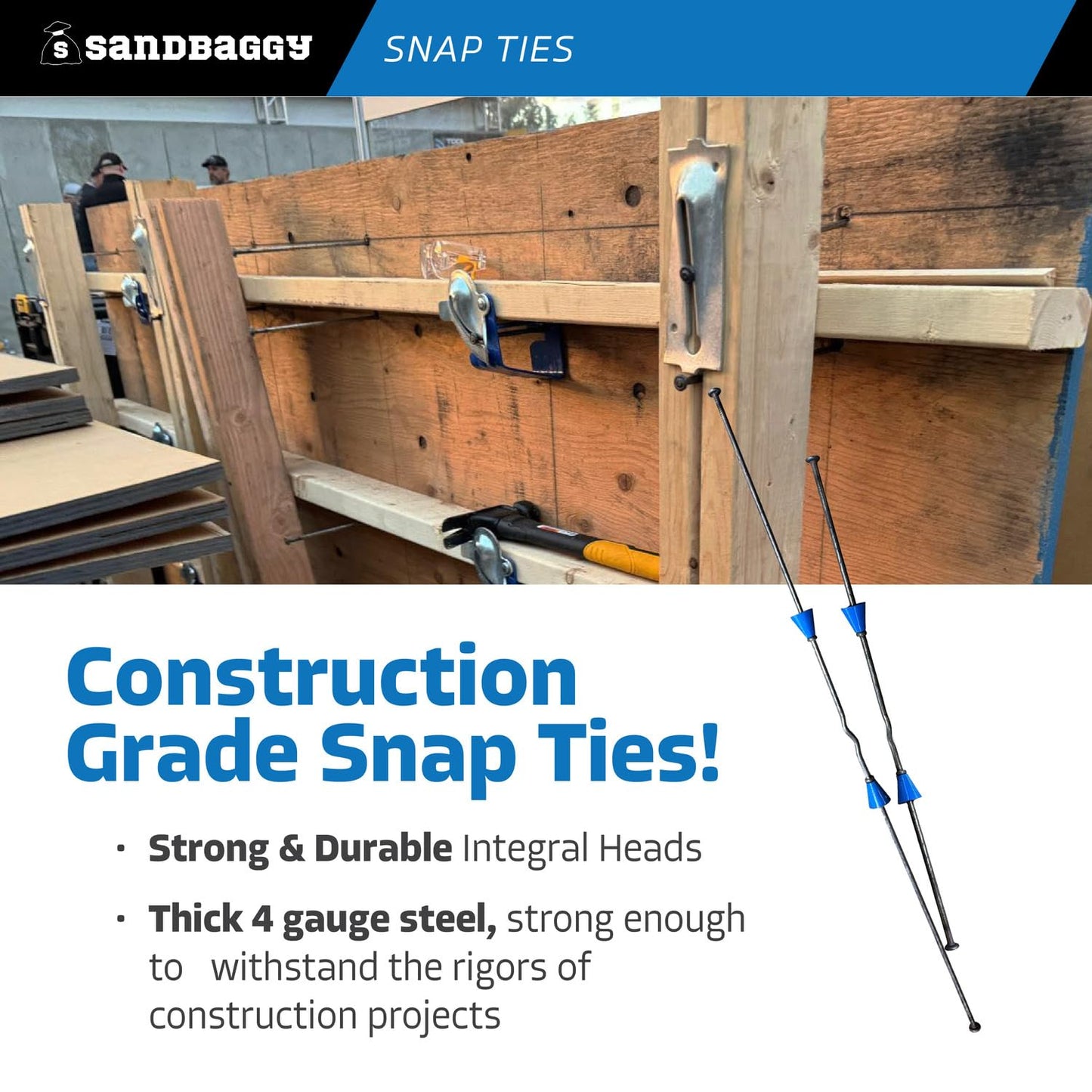 8" Standard Snap Ties for Concrete Forms - 1" Plastic Cones, Integral Heads - 2:1 Safety Factor, 2,250 lbs Working Load - 4 Gauge Steel (Long End - 8.25", 100) - 1 Year Warranty