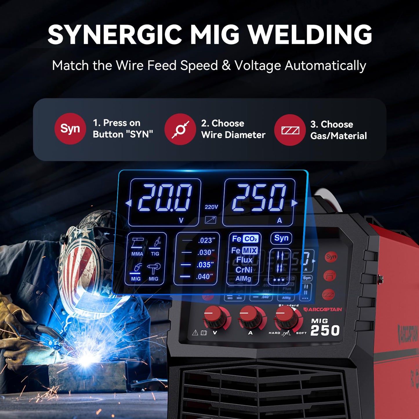 ARCCAPTAIN 250A MIG Welder WITH 300AMP Welding Electrode Holder