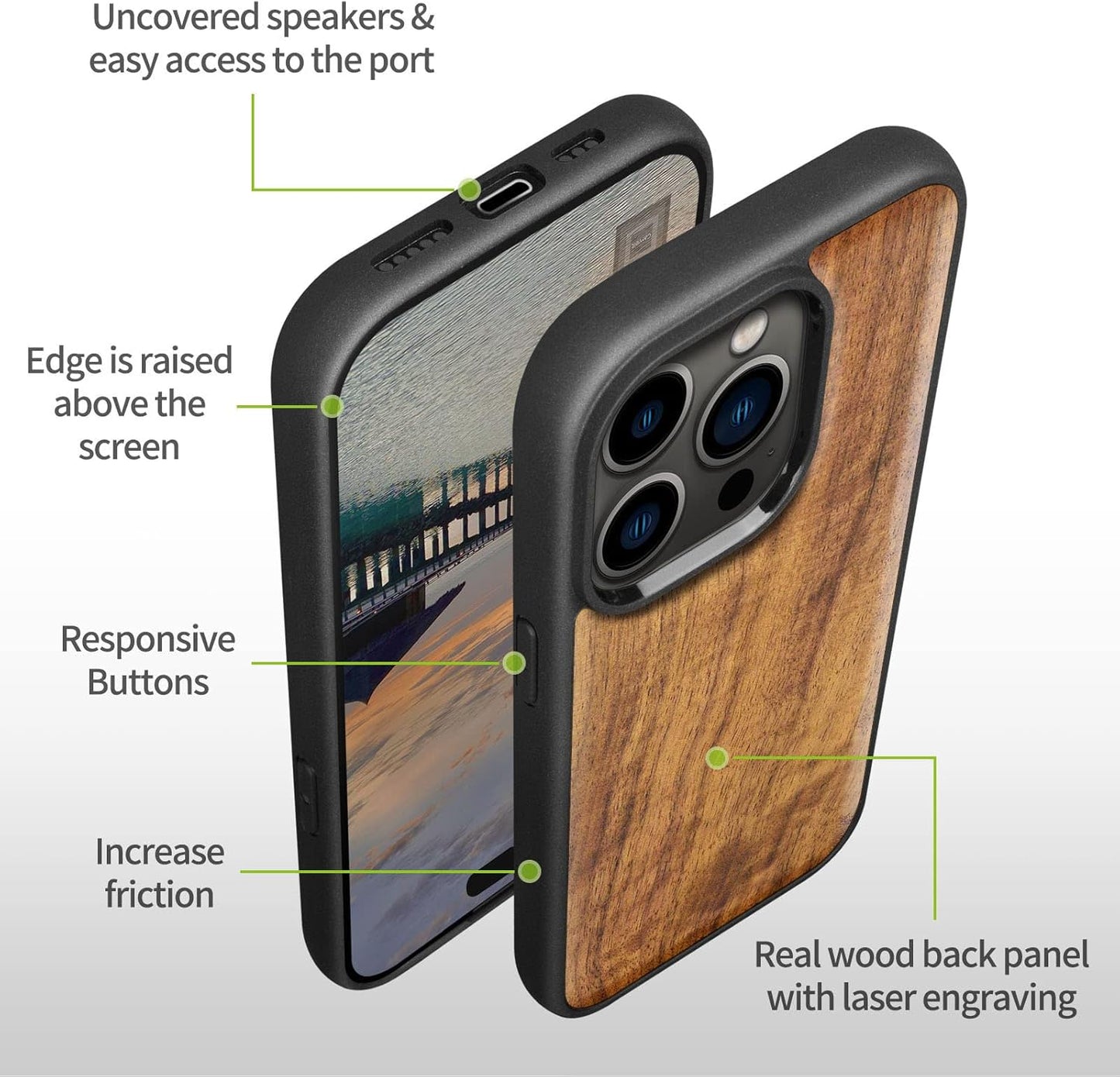 Carveit 14 Magnetic Wood Case for iPhone Pro - Natural Wood & Black Soft TPU - Shockproof Protective Cover - Unique