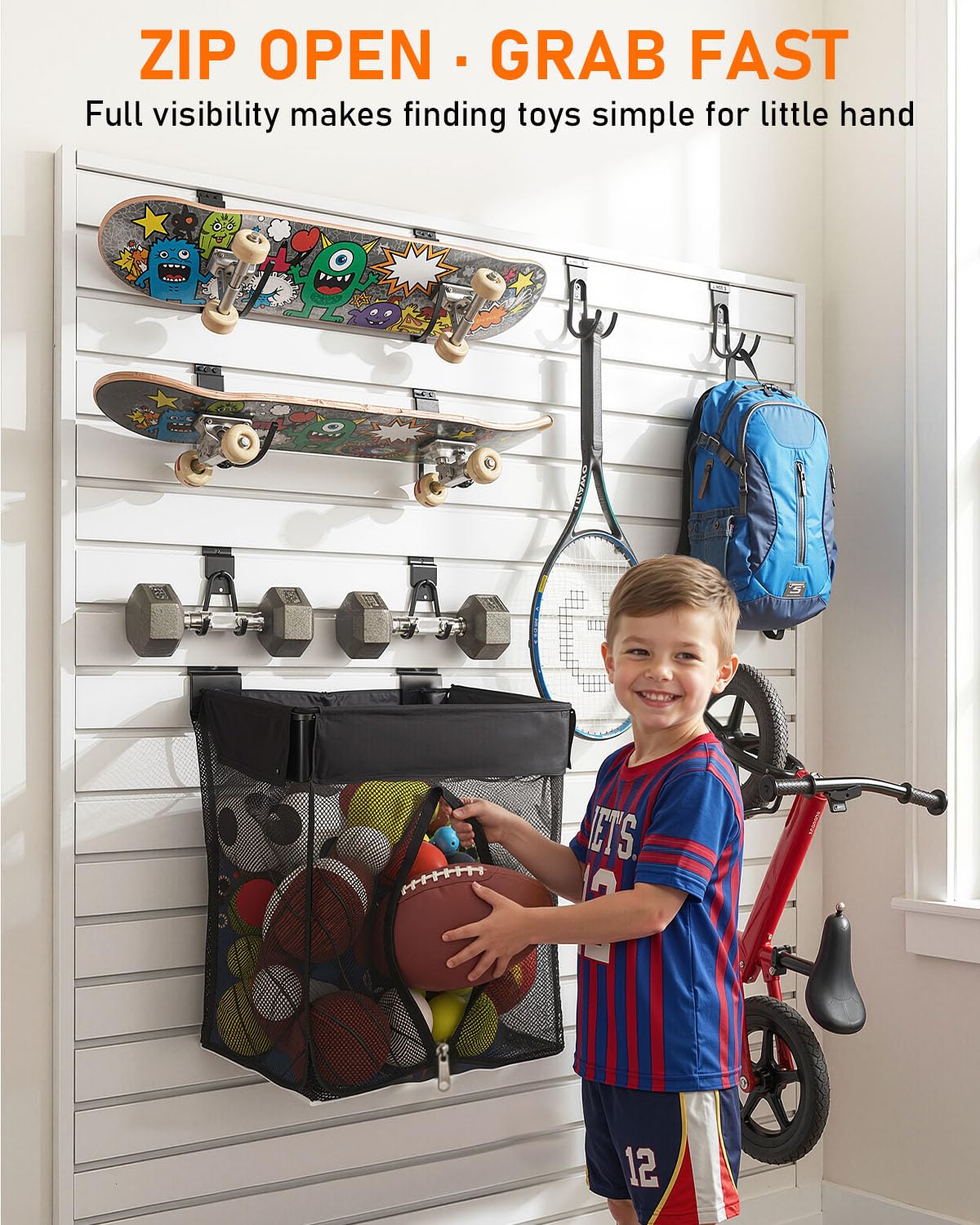 ZORUNNA 2PCS Slatwall Basket with Zipper, 6 PCS Heavy Duty Hooks, 16x15x11 Inch Slatwall Accessories, Easy to Install Garage Storage Mesh Basket for Shop Gym Toy Display Storage.