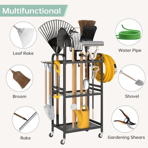 Hadulcet Garden Tool Organizer - Heavy-Duty Metal Rack with Lockable Wheels & Storage Hooks | Black