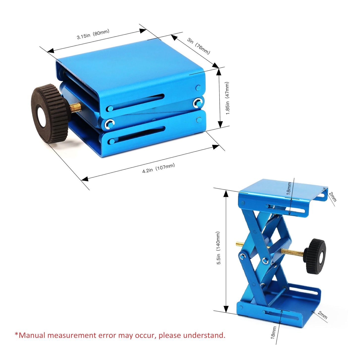 Maccx Lab Support Jack, Blue Color, Aluminum Table, Dim of Platform 3.15"x3", Max. Height up to 5.5", LSJ080-001