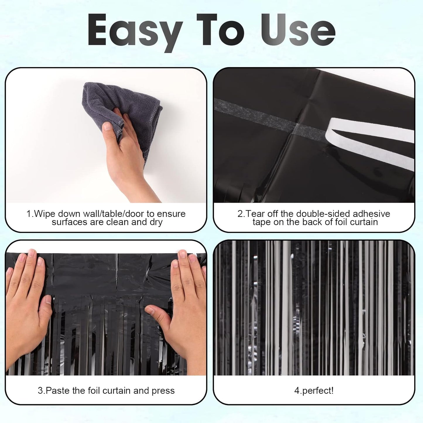 Voircoloria Black Foil Fringe Backdrop Curtains - 4 Pack Tinsel Streamers for Parties & Events